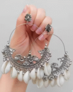 Oxidized Silver Hoop Earrings with White Pearl Drops