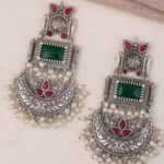 Traditional Oxidized Silver Temple Chandbali Earrings with Green Stone & Pearl Drops