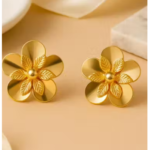 Golden Flower Earring Anti Tarnish Gold Earring Oversize Rose Stud With Golden Pearl