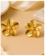 Golden Flower Earring Anti Tarnish Gold Earring Oversize Rose Stud With Golden Pearl