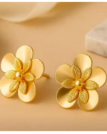 Golden Flower Earring Anti Tarnish Gold Earring Oversize Rose Stud With Golden Pearl - Image 3