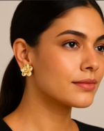 Golden Flower Earring Anti Tarnish Gold Earring Oversize Rose Stud With Golden Pearl - Image 2