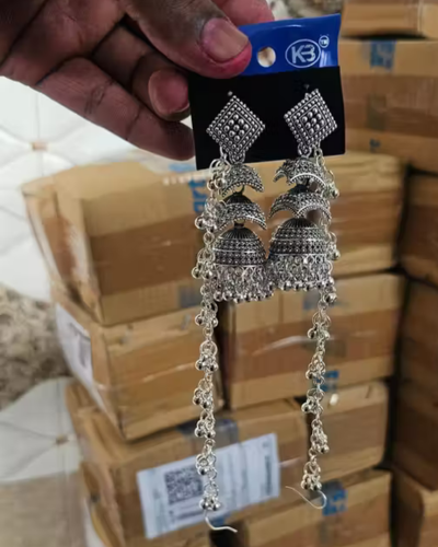 Untitled design (35) Bahubali Silver Plated earrings for girls and women | oxidise earrings with chain | chain earrings | - Image 1