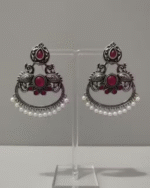 Oxidised Peacock Chandbali Earrings with Pink Stone & Pearl Drops