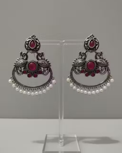 Untitled design (41) Oxidised Peacock Chandbali Earrings with Pink Stone & Pearl Drops - Image 1