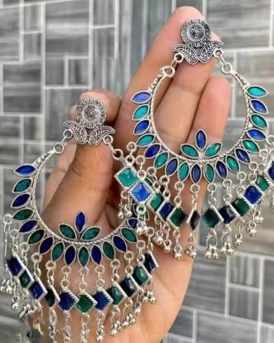 Untitled design (42) Fashion Multicolor German Silver Afghani Tribal Dangler Earrings For Women and Girls (Blue) - Image 1