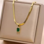 Gold Plated Stainless steel Cubic Zirconia pendant Green Emerald Anti-Tarnish Gold Plated Stainless Steel Flat Snake Chain Necklace Green Waterproof Chain Layering Pendant