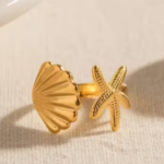 18k gold Plated Anti Tarnish Adjustable Ring for Women and Girls Best Gift for Girlfriend and Wife Stylish and Trending look Nail Ring Bold Design Ring Sea Shell and Starfish Design