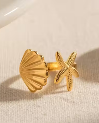 Untitled design - 2026-01-11T224308.548 18k gold Plated Anti Tarnish Adjustable Ring for Women and Girls Best Gift for Girlfriend and Wife Stylish and Trending look Nail Ring Bold Design Ring Sea Shell and Starfish Design - Image 1